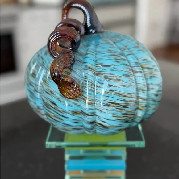 Glass Pumpkin Sculpture - Blue and Brown - Picture 2 of 3